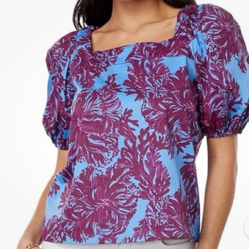 Lilly Pulitzer Torrey Blue Purple Bow Back Stretch Cotton Floral Top Size 10